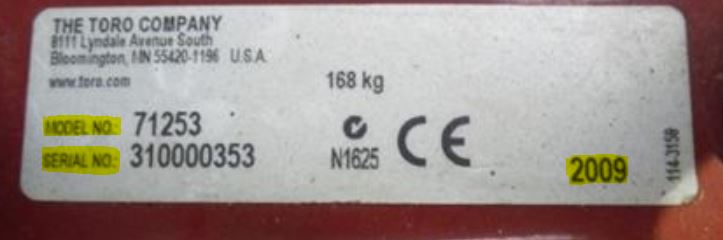etiquette modèle et numéro de série tondeuse toro