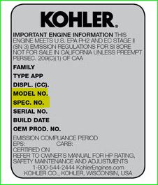 Étiquette constructeur d'un moteur Kohler avec modèle et numéro de SPEC