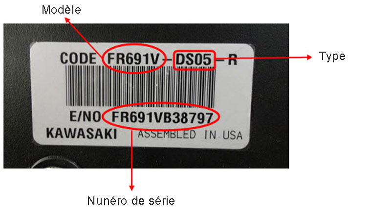 Emplacement du modèle et du type sur un moteur Kawasaki