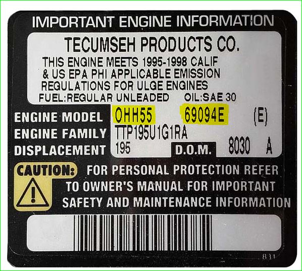Étiquette constructeur d'un moteur Tecumseh avec modèle et numéro de SPEC
